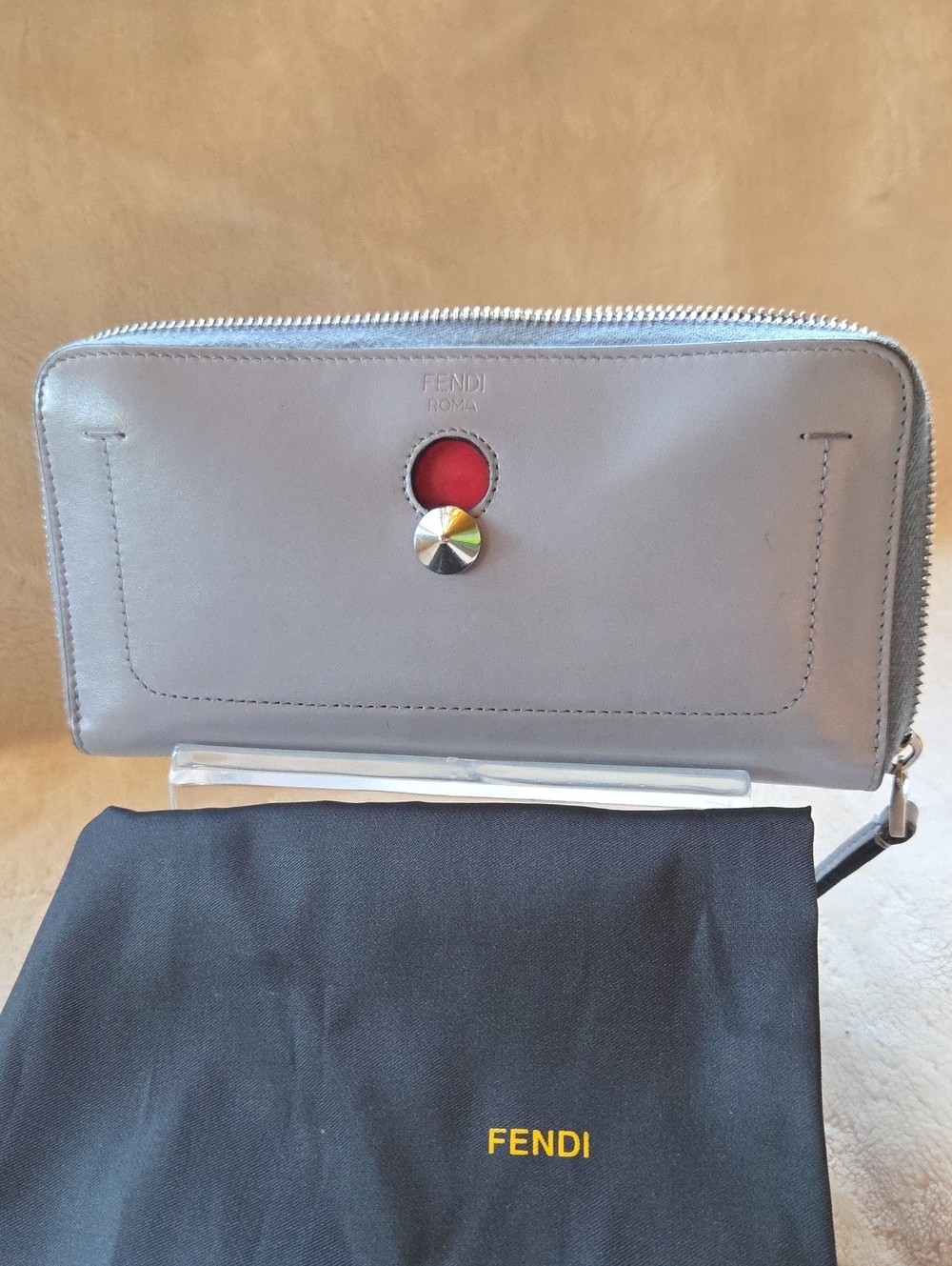 Fendi Light Gray Leather Zip Wallet with Coral Accent Button